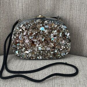 Vintage Art Deco purse hard case oval bakelite confetti clutch